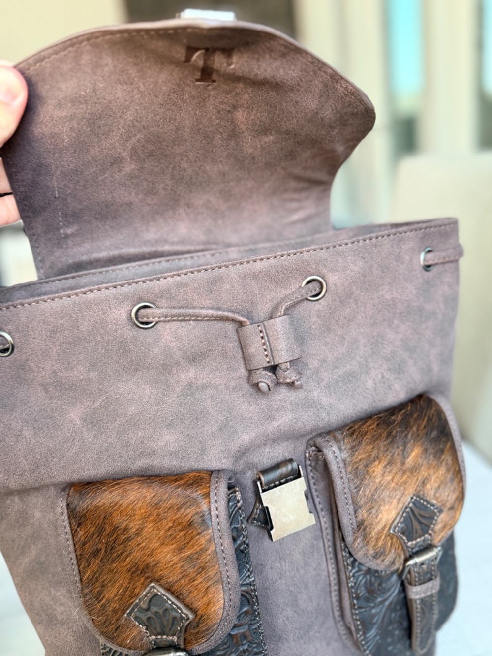 Trinity Ranch Genuine Hair-On Cowhide Tooled Backpack Coffee - Picture 7 of 10
